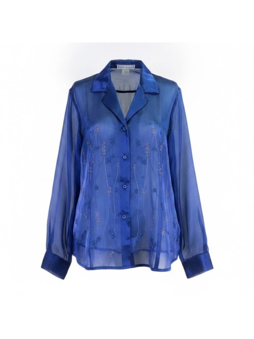 Dress Barn Womens Blue Sheer Embroidered Button-Front Long-Sleeve Blouse Size L